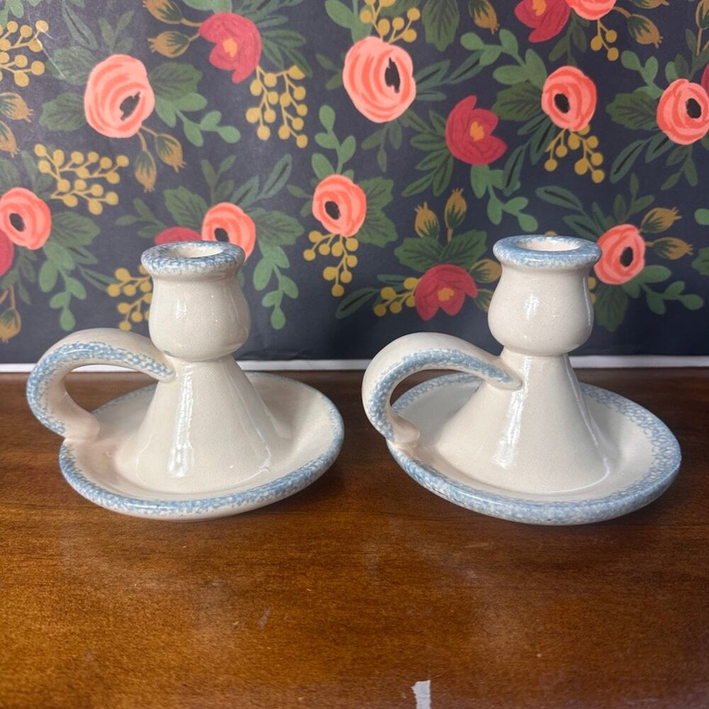 Vintage Hermitage Pottery Spongeware Cottage Heart Candle Holders – Set of 2 - Picture 3 of 8